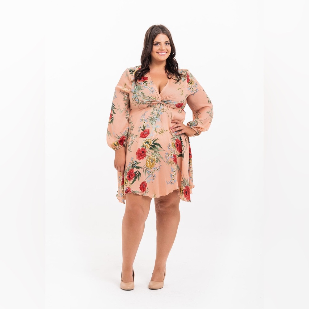 Boohoo Floral Long Sleeve Dress in Peach and Red